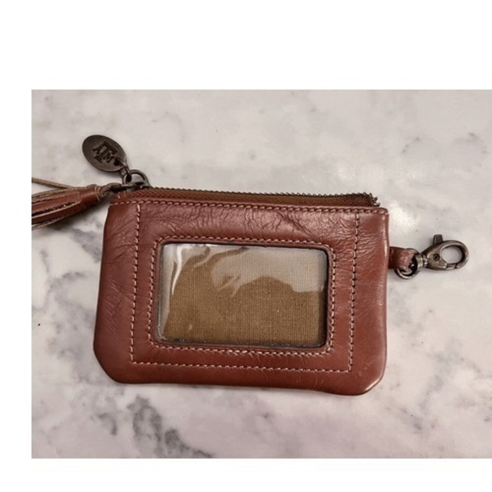 Jack Mason Brown Leather ID Holder Coin Pouch Texas A&M Charm Tassel Zipper